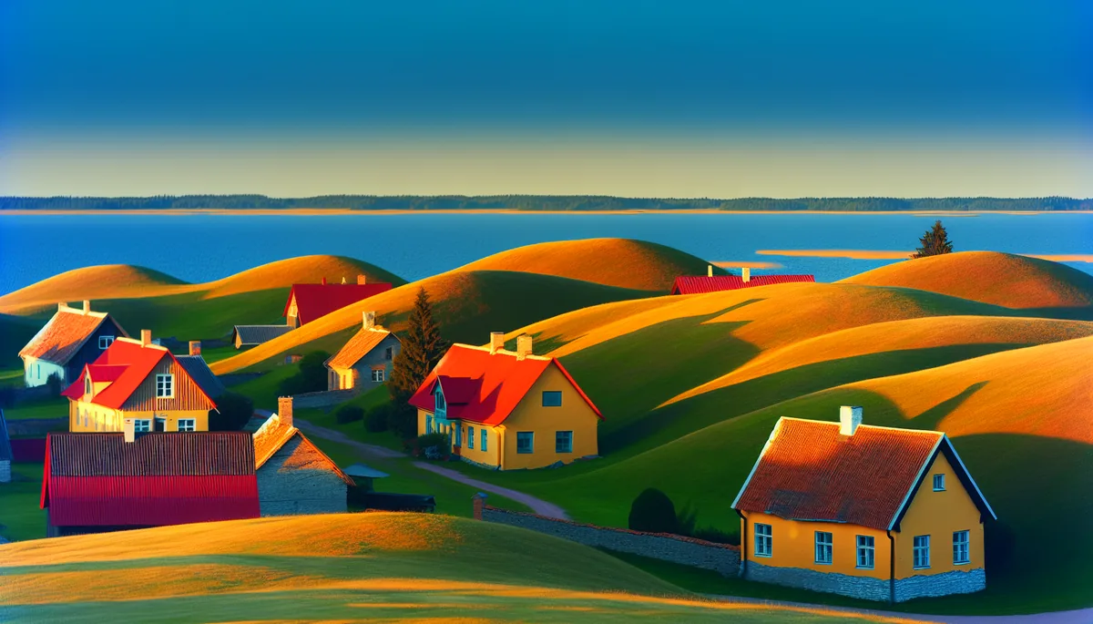 Scenic Estonian countryside landscape with traditional red-roofed houses, rolling hills, and Baltic Sea coastline under golden hour lighting