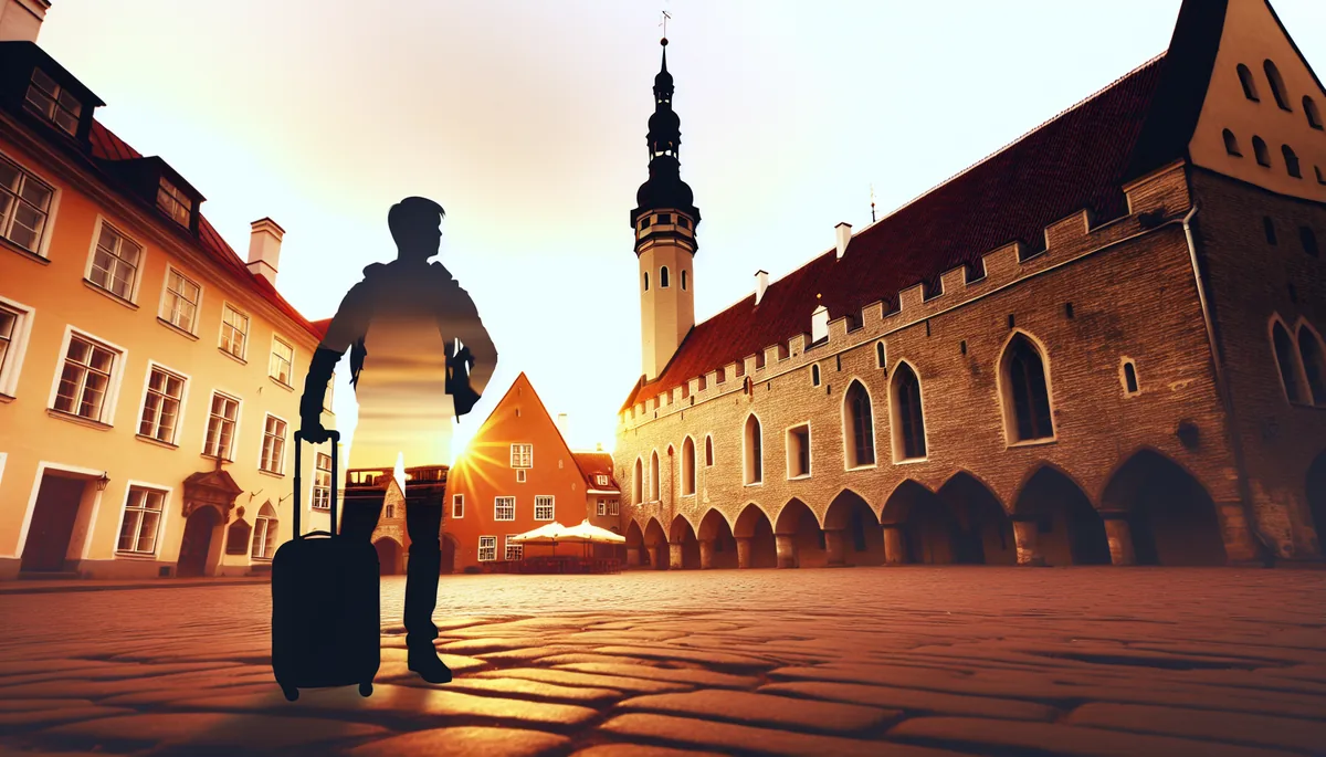 Silhouette of a traveler walking through Tallinn's historic Old Town square during golden hour, featuring medieval architecture and cobblestone streets