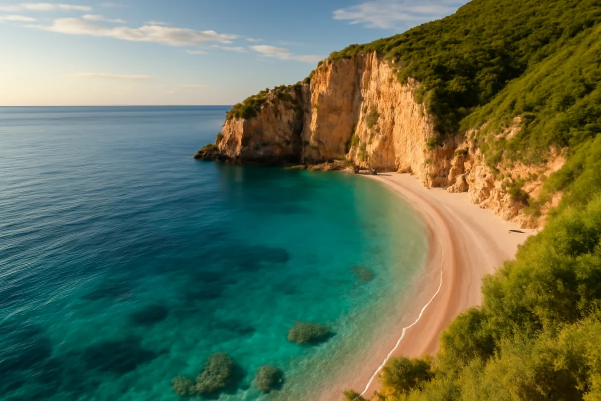 Stunning Albanian Riviera coastline with turquoise Adriatic waters, dramatic limestone cliffs, and a secluded beach bathed in golden Mediterranean sunlight