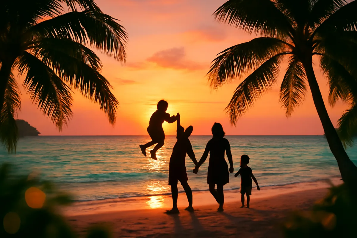 A family silhouetted against a stunning tropical sunset on a Thai beach, with palm trees framing turquoise waters under a warm golden sky