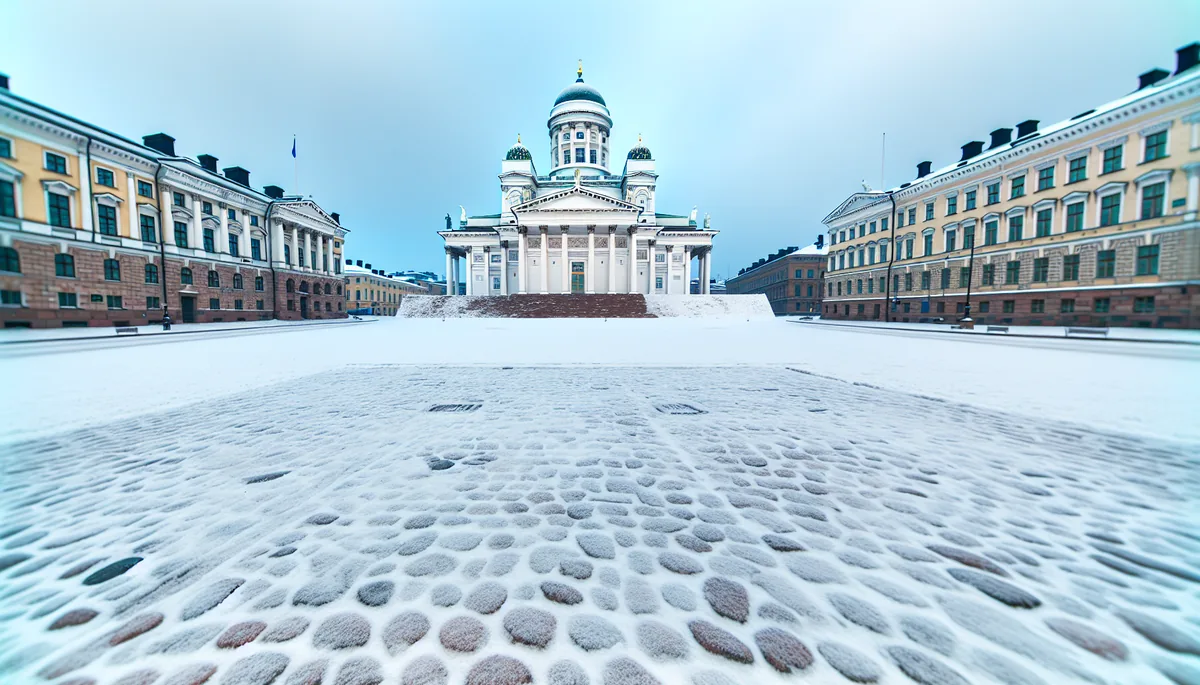 Snow-covered Helsinki Cathedral and Senate Square in winter, showcasing iconic Finnish architecture with cobblestone plaza