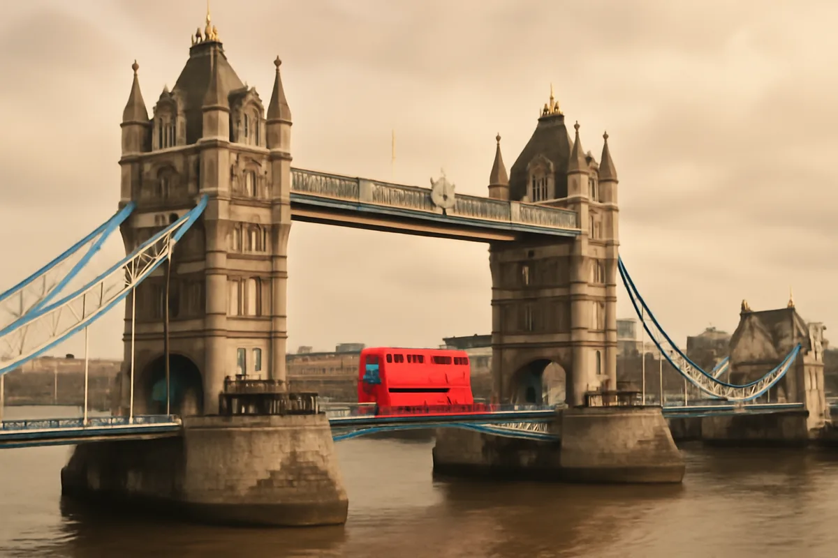 A classic red double-decker bus crossing Tower Bridge in London, with the River Thames and city skyline visible in the background under soft British daylight.