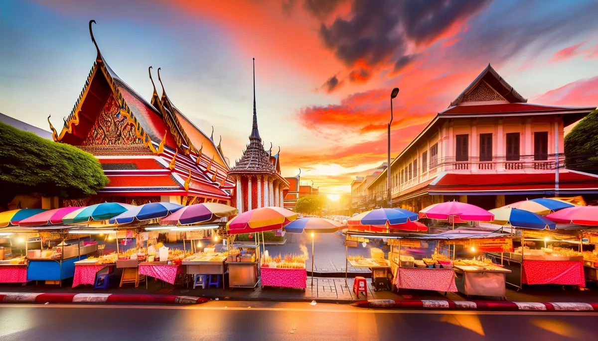 A vibrant Bangkok street market at sunset with traditional Thai temples visible in the background, featuring colorful market stalls and warm golden lighting