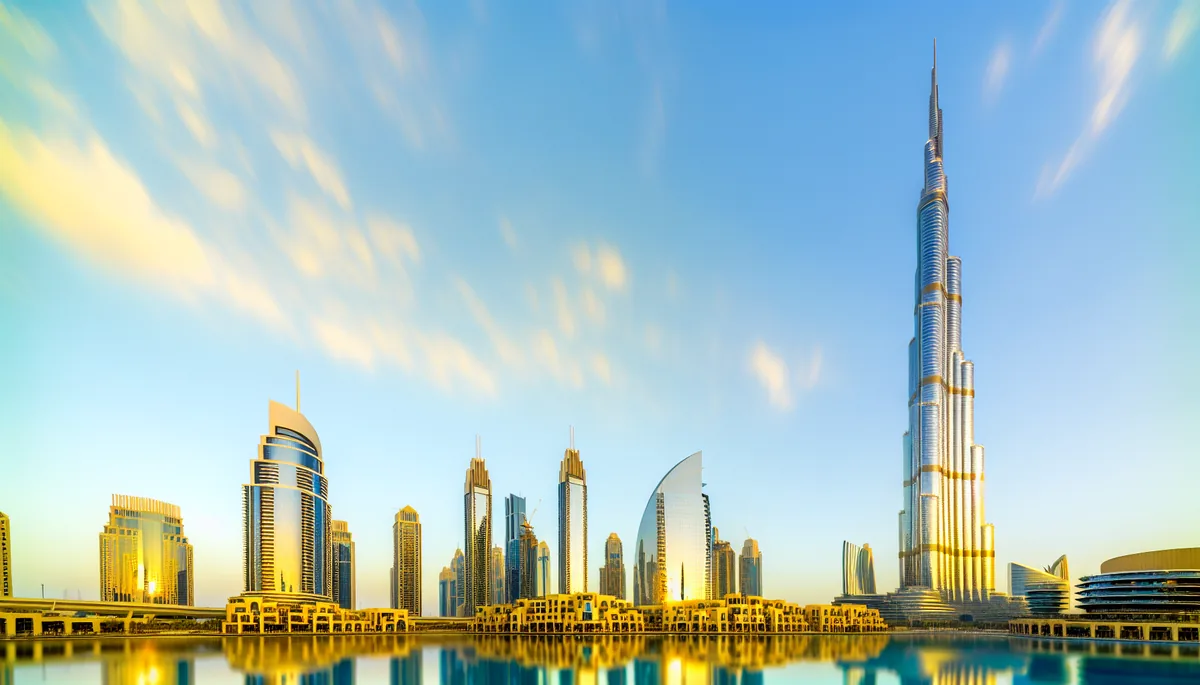 Dubai skyline featuring the Burj Khalifa and modern skyscrapers during golden hour with warm lighting and clear blue sky