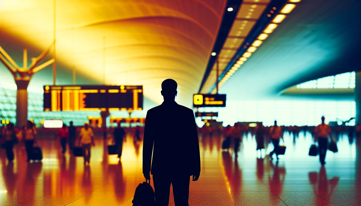 Silhouette of a traveler standing in a busy airport terminal with departure boards and other passengers in the background