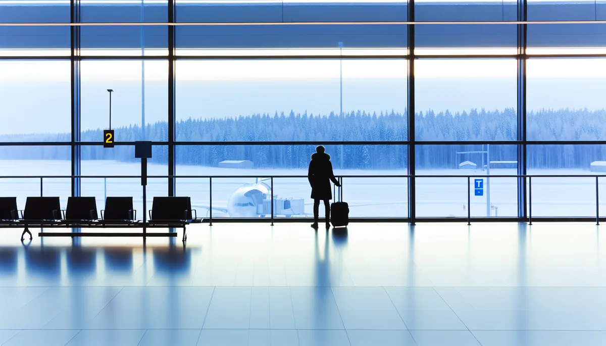 Traveler silhouette at airport terminal window overlooking snowy Finnish landscape during winter morning