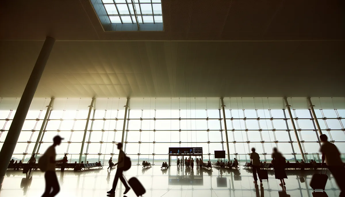 Modern airport terminal interior with travelers walking past large windows, showcasing clean architecture and natural lighting