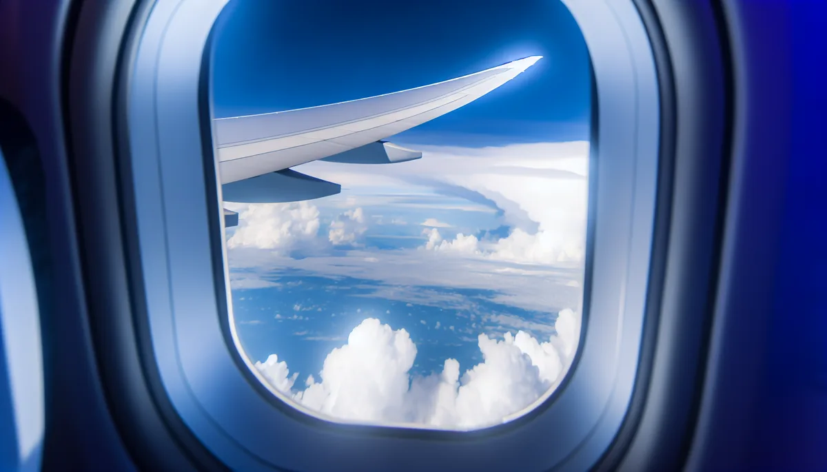 View from airplane passenger window showing aircraft wing with clouds and blue sky during flight