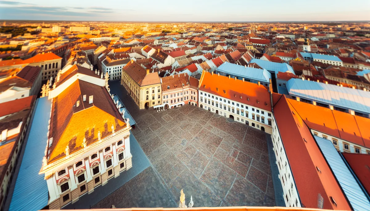 Aerial view of a European city with historic architecture, cobblestone squares, and red-tiled rooftops during golden hour