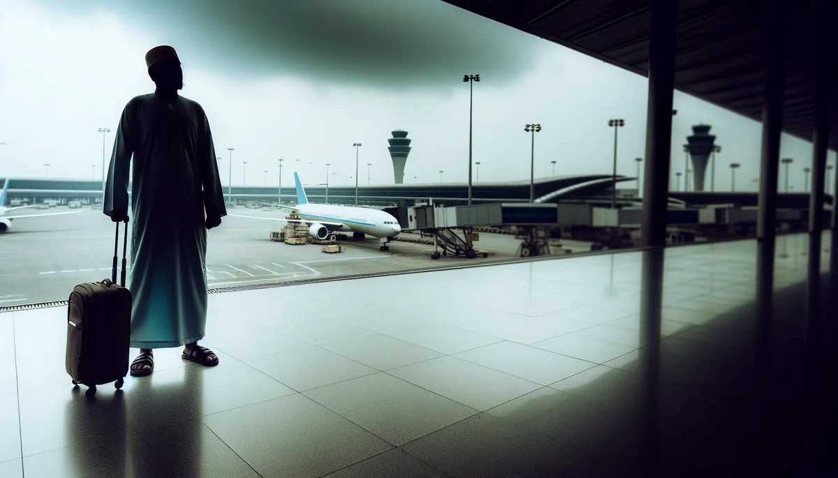 Silhouette of a traveler with luggage standing at an airport terminal window, looking out at aircraft on the tarmac under an overcast sky