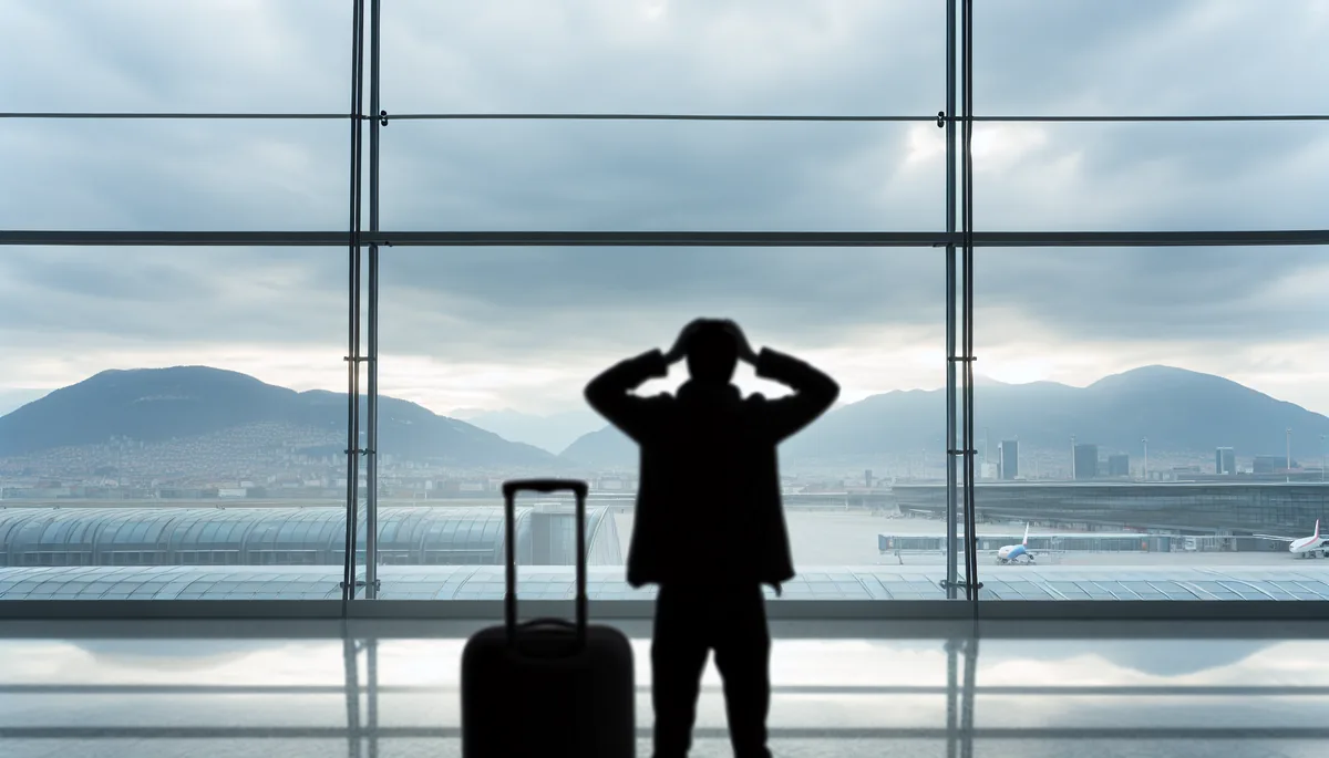 Silhouette of a traveler standing at an airport terminal window looking out at a distant cityscape, conveying the feeling of travel connectivity challenges