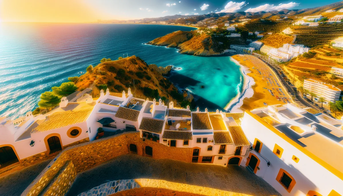Scenic coastal view of Costa del Sol showing golden beaches, turquoise Mediterranean waters, and traditional white Spanish buildings on hillsides during golden hour