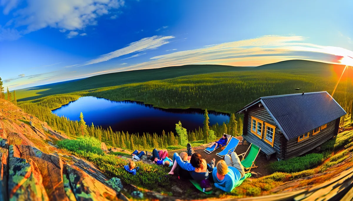 Scenic Finnish lakeside landscape with travelers enjoying outdoor activities near a traditional wooden cabin during golden hour