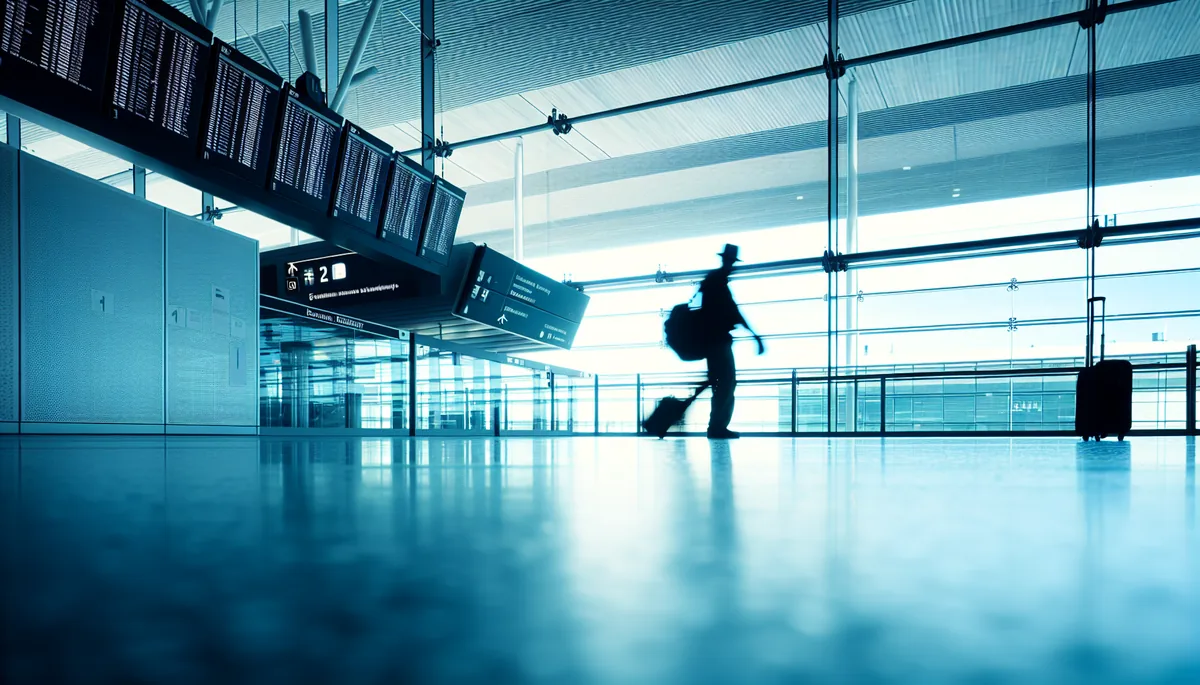 Silhouette of a traveler at Helsinki airport departure gate with modern terminal architecture and soft Nordic lighting