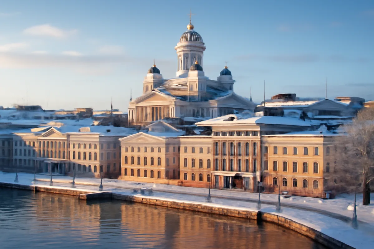 Helsinki cathedral and cityscape in winter with golden hour lighting and snow-covered streets