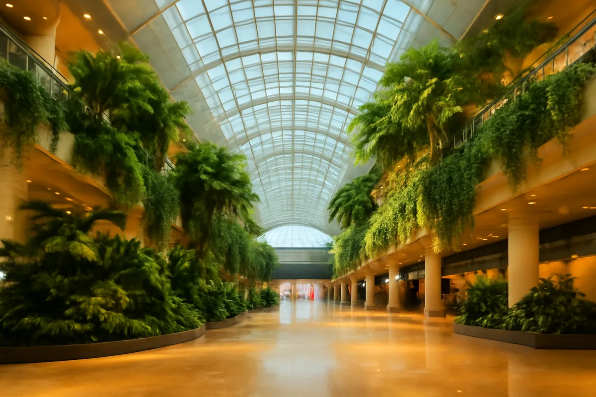 Stunning interior of a world-class modern airport terminal featuring a multi-level atrium with lush tropical garden installations, glass ceilings flooding the space with natural light, and elegant architectural details