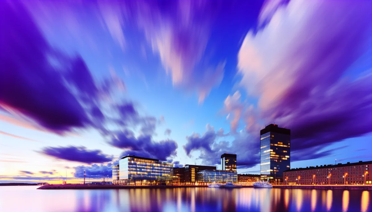 Modern Helsinki cityscape at twilight with illuminated buildings reflecting in harbor waters under a purple evening sky