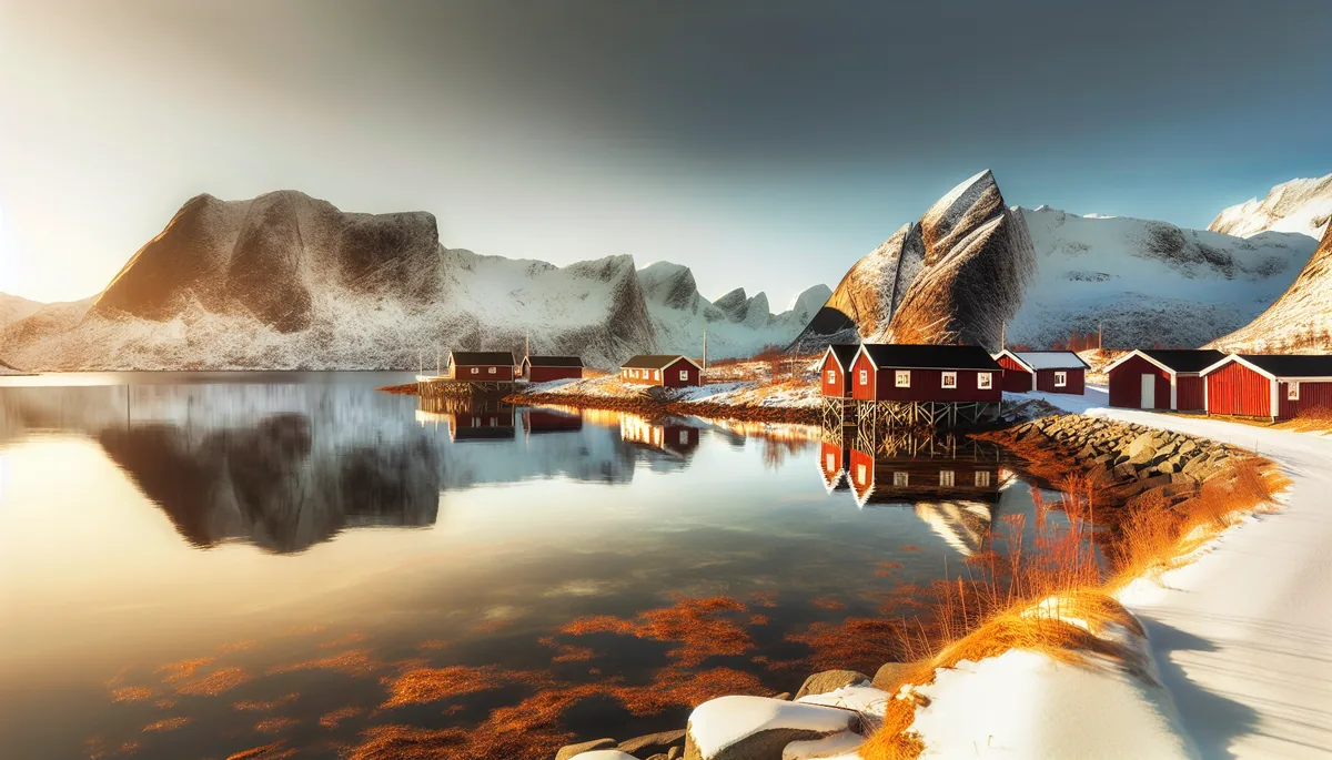 Scenic Nordic winter landscape with snow-covered mountains, red wooden cabins, and a pristine lake with golden reflections