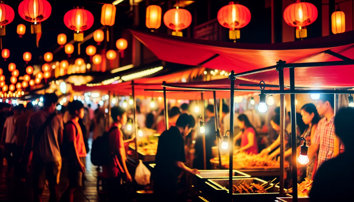 Atmospheric night scene of an Asian street market with colorful lanterns and silhouetted figures walking between food stalls