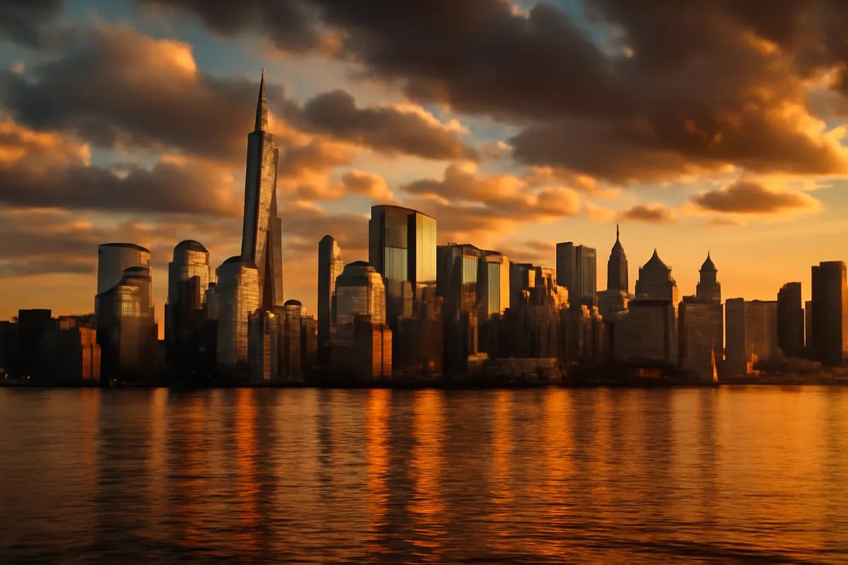 New York City skyline at golden hour with Manhattan skyscrapers reflected in the Hudson River under a dramatic sky