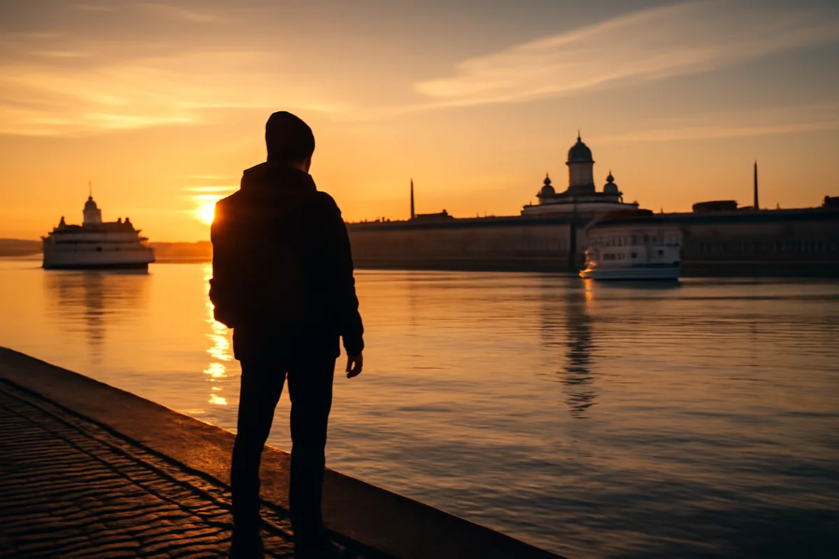 Silhouette of a person overlooking Helsinki harbor at sunset with city skyline and ferry boats in the background