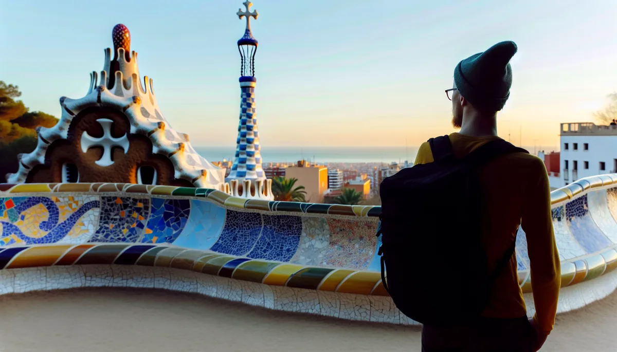 Silhouette of a traveler with backpack overlooking Barcelona's colorful Park Güell architecture with Mediterranean coastline in the background during golden hour
