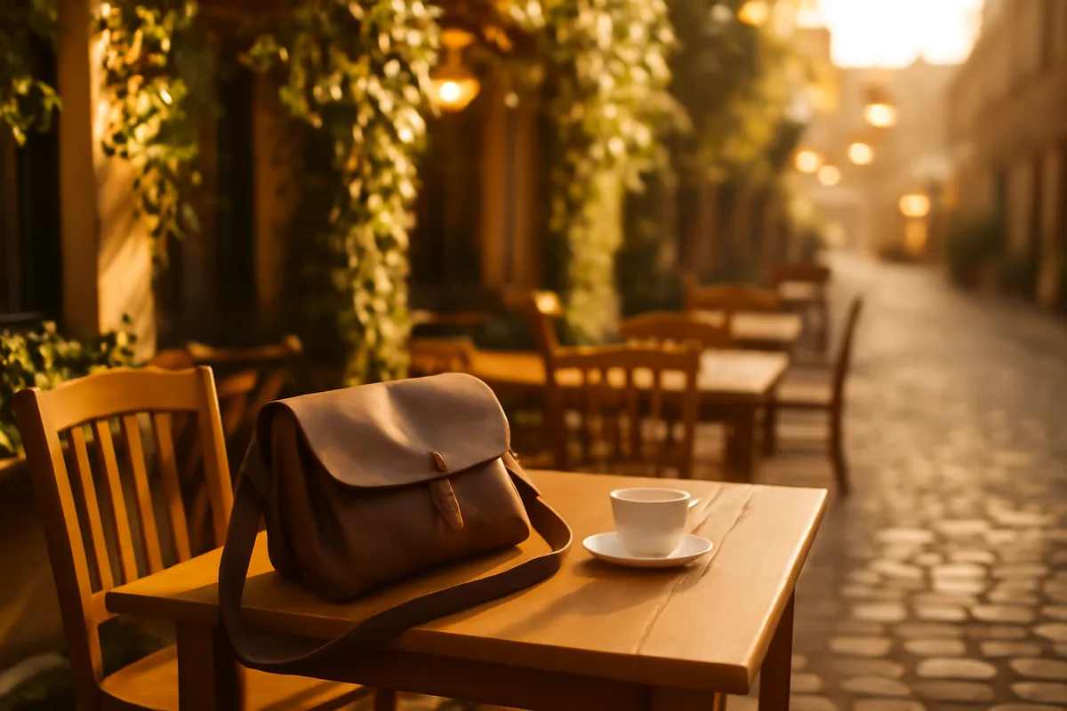 A cozy European café terrace bathed in warm golden afternoon light, with wooden tables, a travel bag, and a coffee cup suggesting a remote work setup abroad, surrounded by greenery and cobblestones.