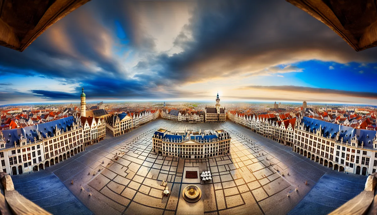 Panoramic view of European cityscape featuring diverse architectural styles from different countries, photographed during golden hour with warm lighting