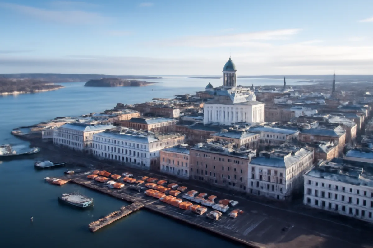 Aerial view of Helsinki harbor featuring the white cathedral dome, colorful market square, and Baltic Sea coastline bathed in soft Nordic morning light.