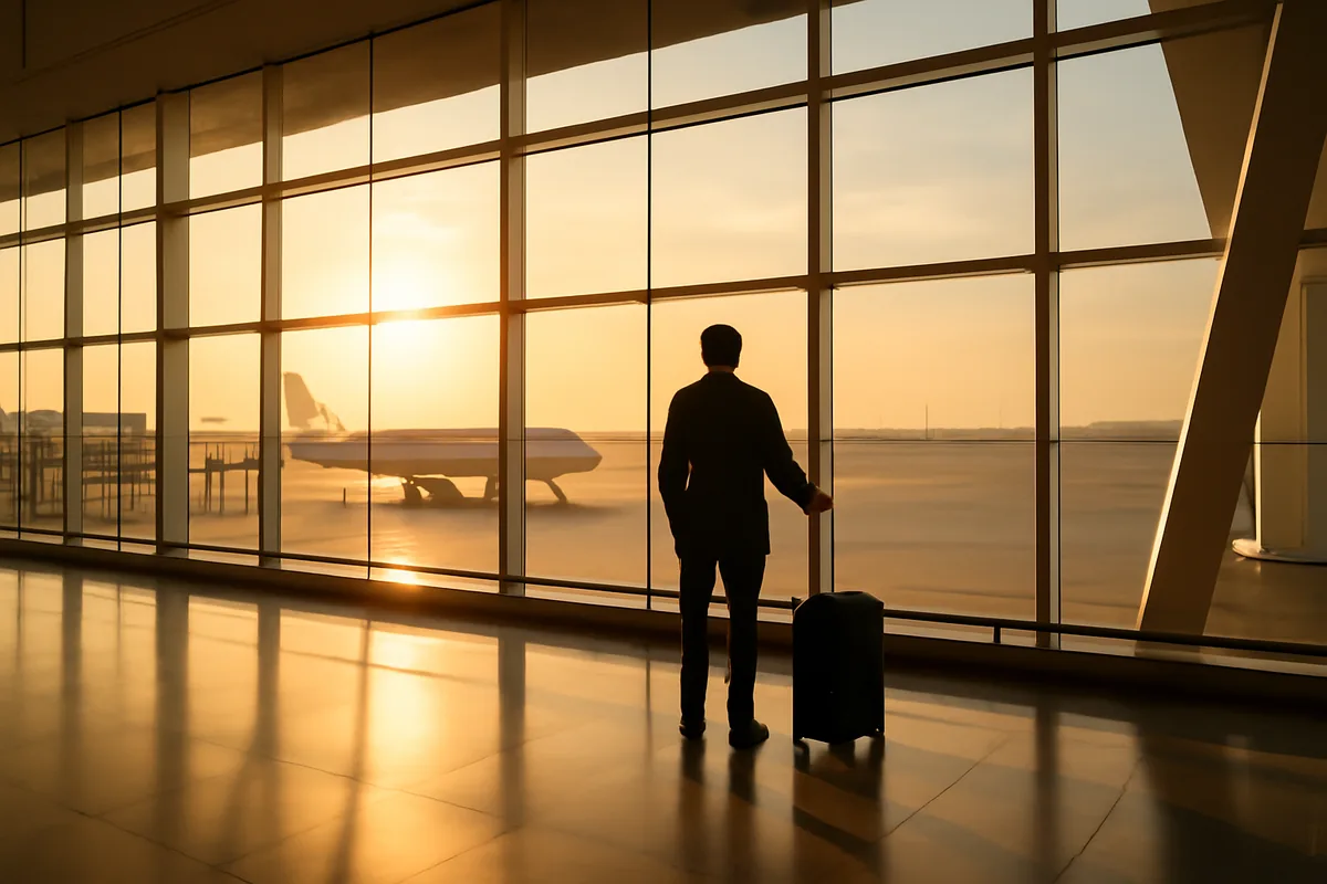 A traveler's silhouette standing at an international airport terminal window with aircraft visible on the sunlit tarmac outside
