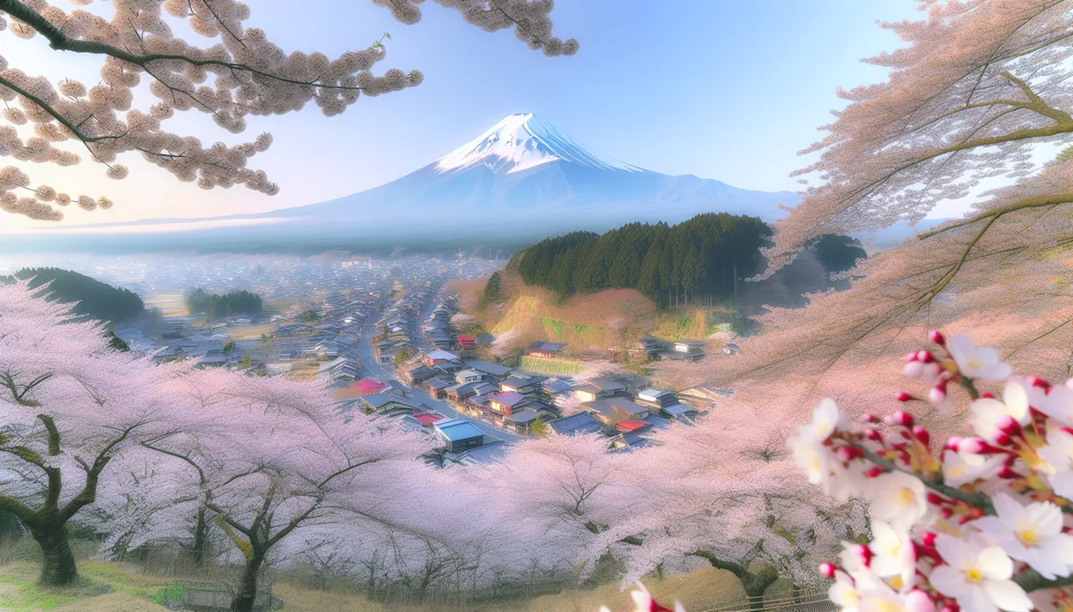 Mount Fuji towering above a traditional Japanese village with cherry blossoms in the foreground during spring morning light