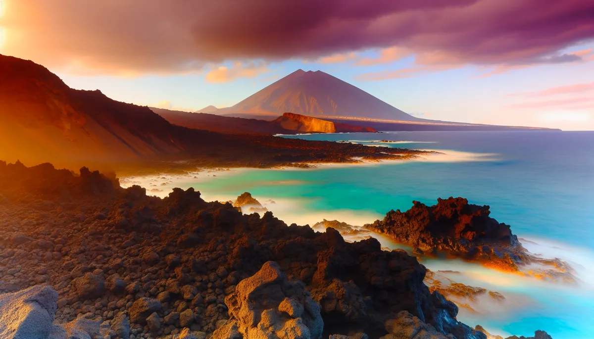 Dramatic Canary Islands coastline with volcanic rocks, turquoise ocean waters, and mountain silhouette during golden hour