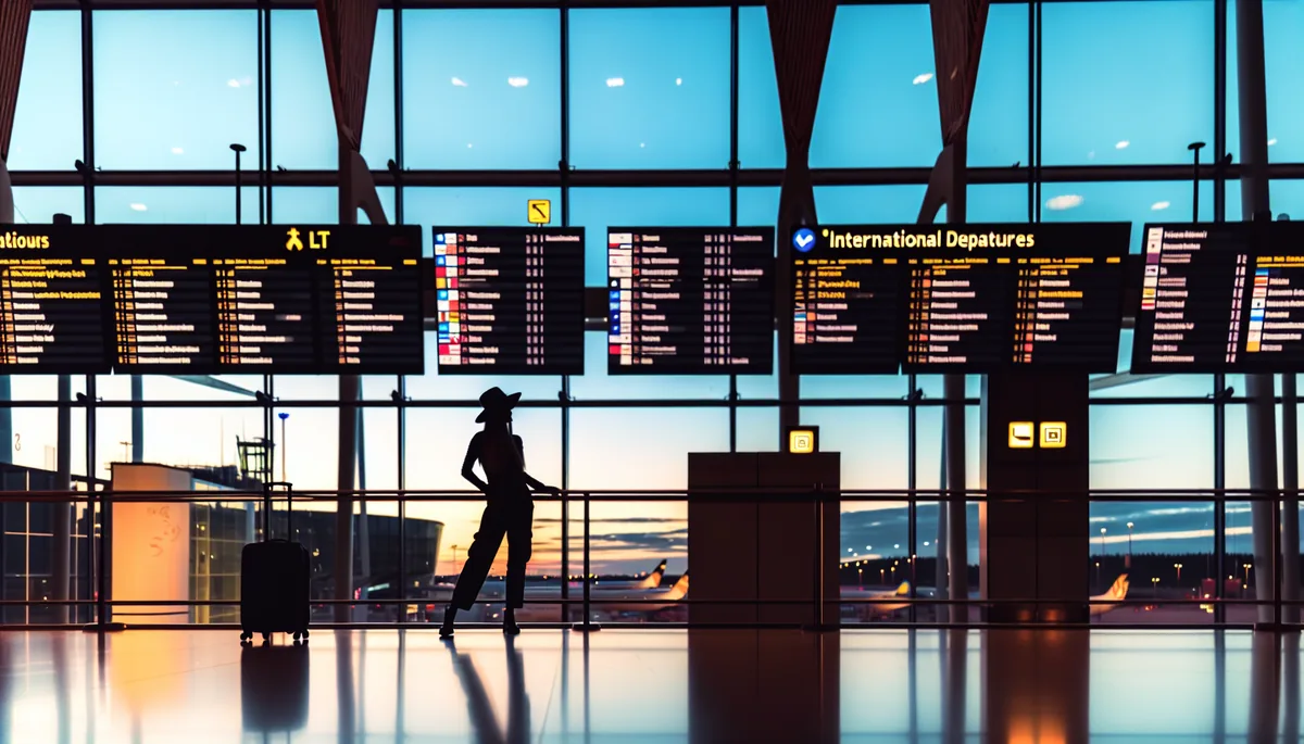 Silhouette of a traveler at Helsinki airport departure area with international gates in the background during golden hour