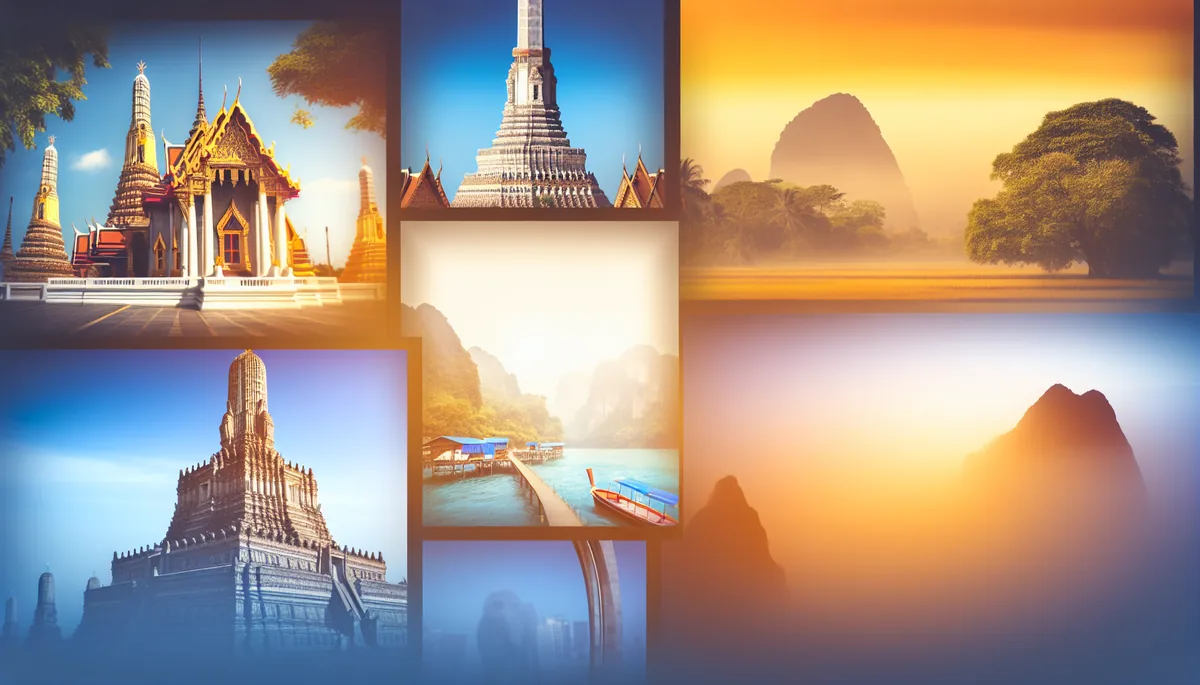 Artistic travel photography showing overlapping scenes of international destinations including American cityscapes, Thai temples, and Spanish architecture in warm golden lighting