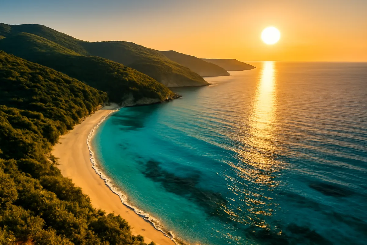 Aerial panoramic view of a stunning Mediterranean coastline with turquoise waters, white sandy beaches, and green hills bathed in warm golden summer sunlight.