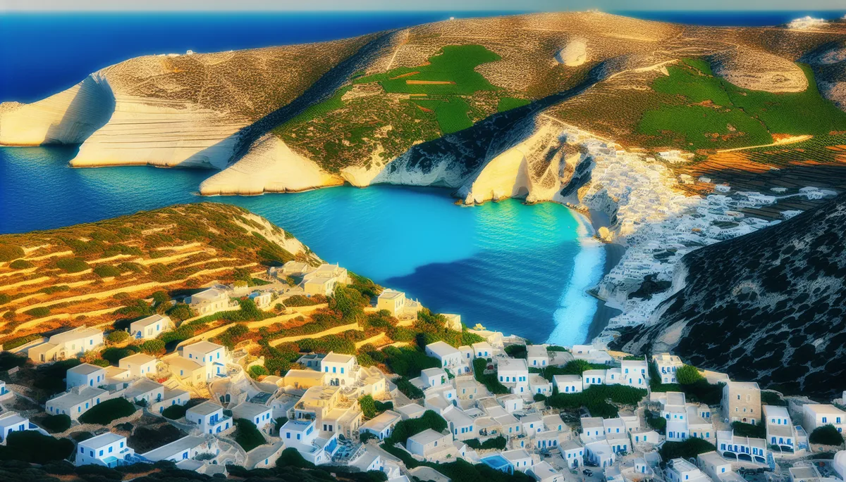 Scenic Mediterranean coastal view with white buildings on cliffs overlooking turquoise waters during golden hour