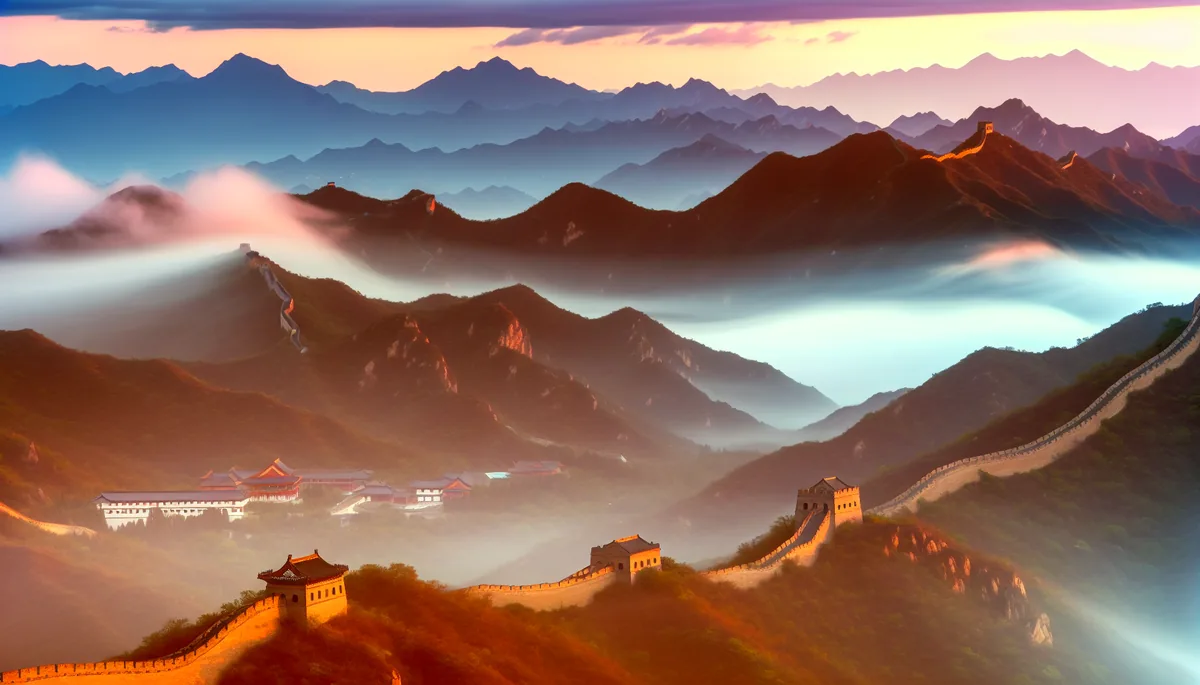 The Great Wall of China snaking through mountainous landscape with traditional Chinese buildings in the valley, captured during golden hour with misty atmospheric lighting