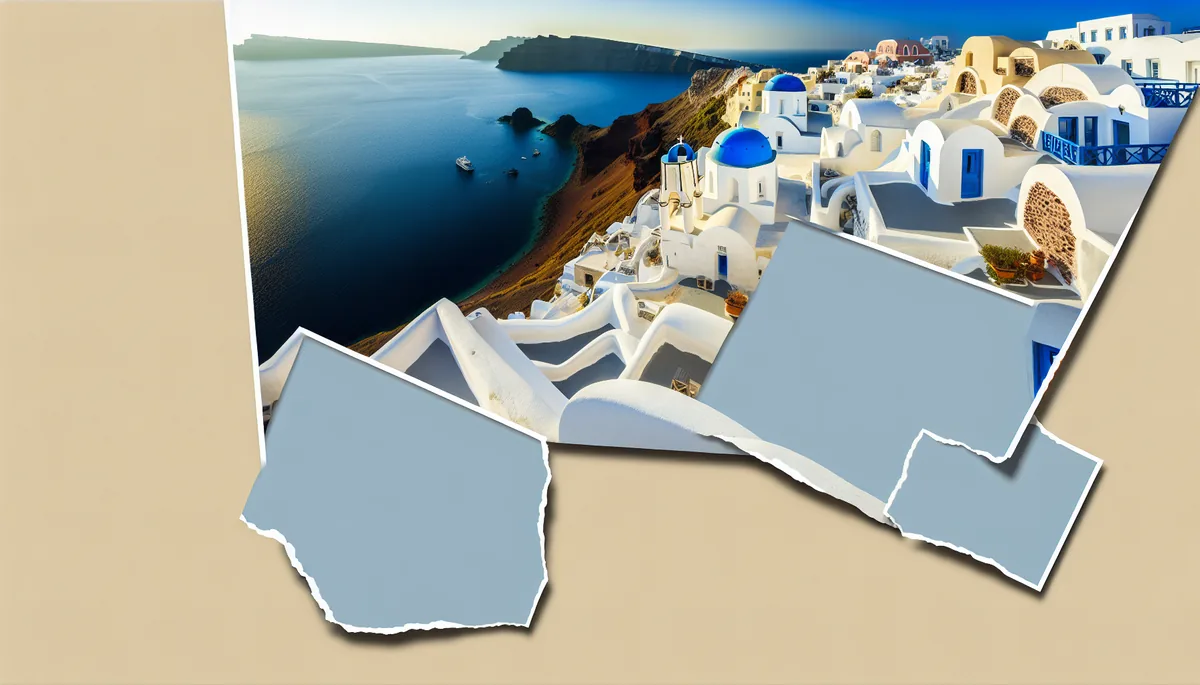 Stunning view of traditional white Greek buildings with blue domes perched on cliff overlooking the bright blue Aegean Sea
