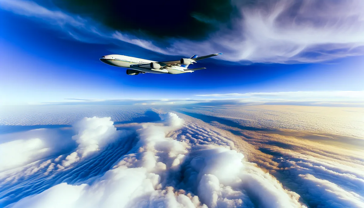 Commercial airplane flying above white clouds against a deep blue sky with golden atmospheric lighting