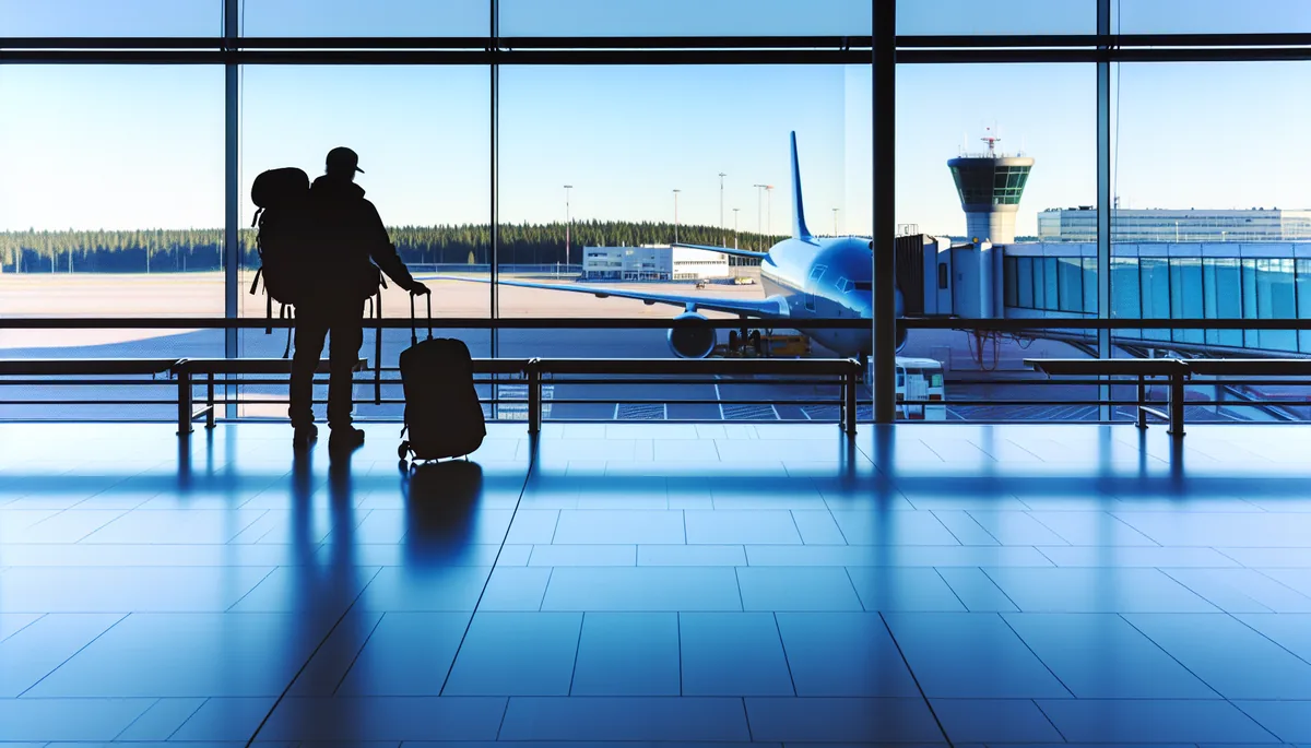 Silhouette of a traveler with backpack at airport departure gate with planes visible through large windows