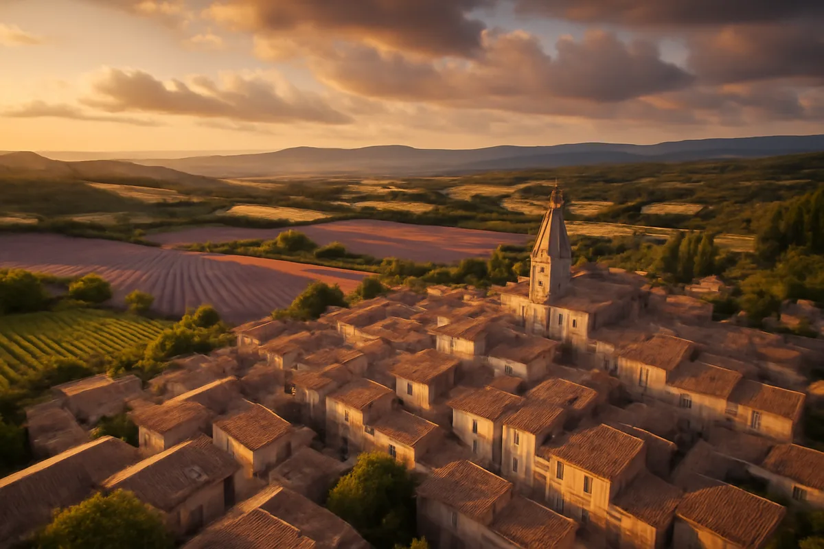Aerial view of a picturesque French village surrounded by lavender fields and vineyards in the Provençal countryside during golden hour