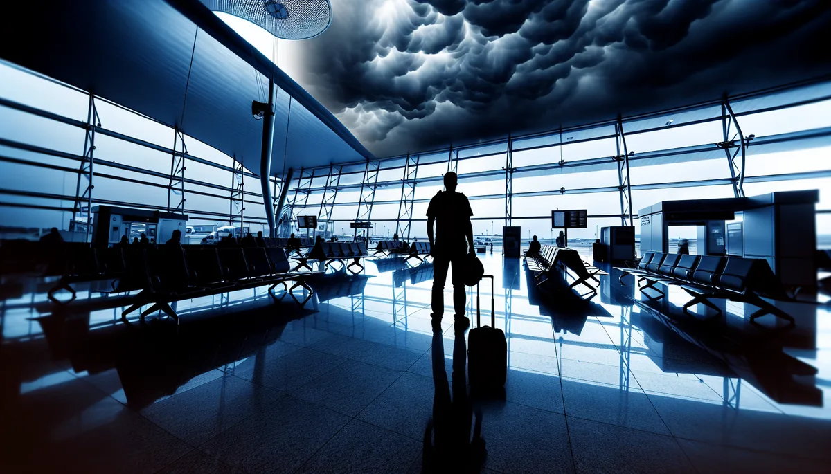 Silhouette of a traveler standing at an airport gate with stormy weather visible through windows, conveying concern about travel expenses