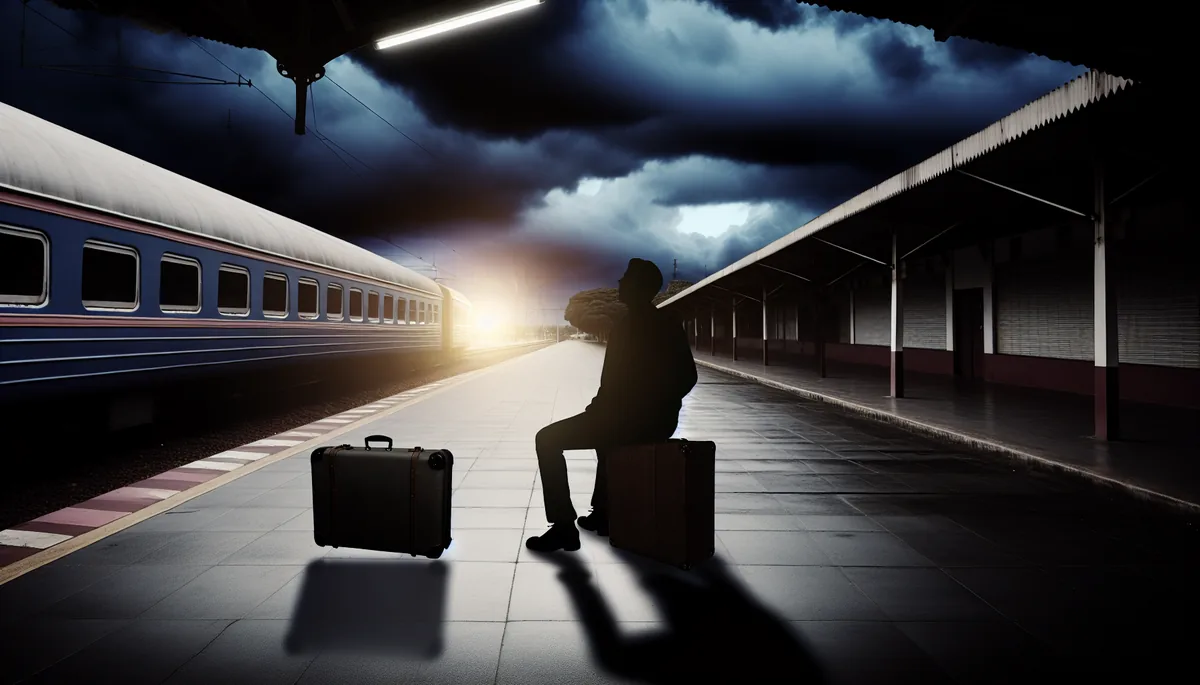 Silhouette of a traveler sitting on a suitcase at a dimly lit train station platform under stormy skies, conveying travel frustration and planning mistakes
