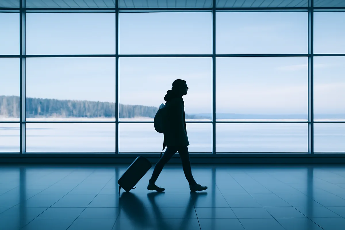 Silhouette of a traveler walking through a modern airport terminal with large windows showing a snowy Finnish winter landscape