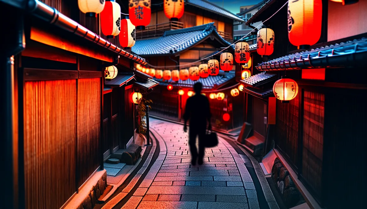 A narrow traditional street in Tokyo with wooden buildings and red lanterns, showing a traveler's silhouette exploring the atmospheric alleyway in warm evening light