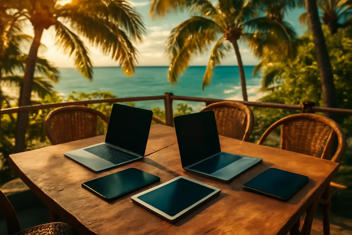 A scenic tropical beach café terrace with warm golden light filtering through palm trees, turquoise ocean visible in the background, evoking the freedom of staying connected while traveling abroad.