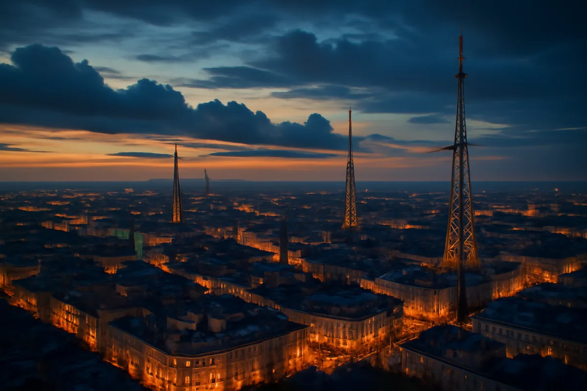Aerial view of a modern European city skyline at dusk, with urban infrastructure and communication towers illuminated by warm twilight light and glowing city lights below.