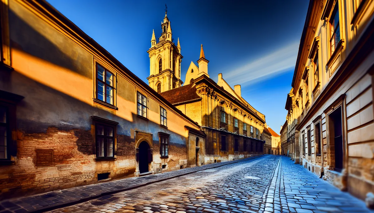 Golden hour view of a historic European city with cobblestone streets, traditional architecture, and a majestic cathedral or castle in the background
