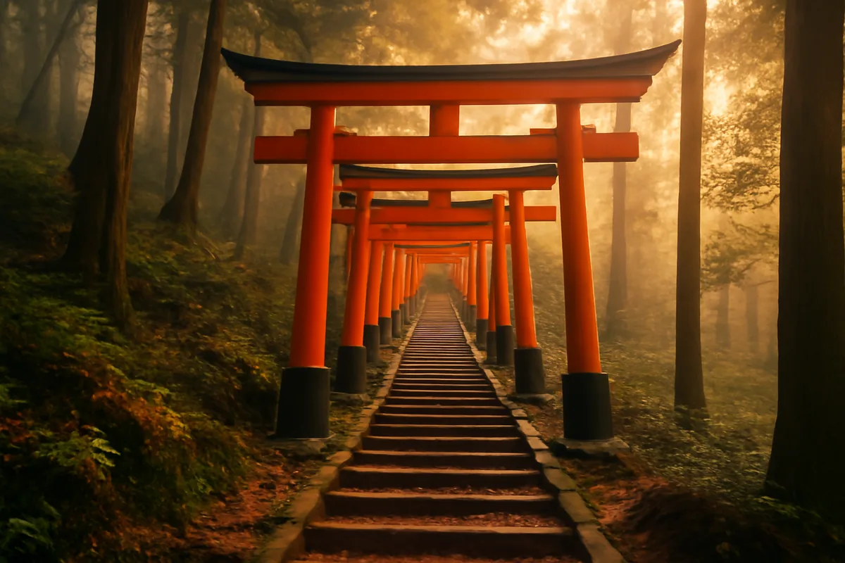A serene path of traditional red torii gates ascending through a misty cedar forest in Japan, bathed in warm golden morning light