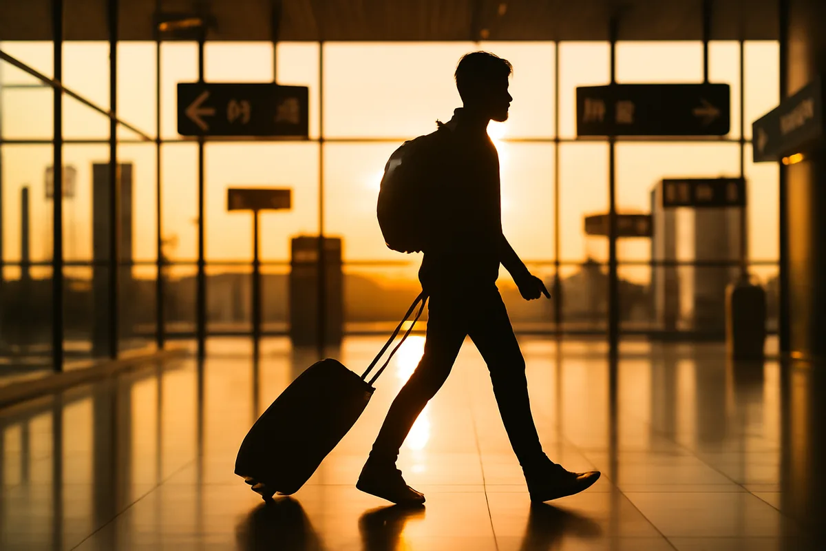 Silhouette of a traveler walking through a bright, modern airport terminal with large windows and warm lighting